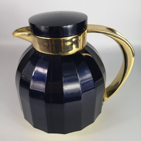 Vintage Insulated Coffee  Carafe Thermal Glass Flask Metallic Blue & Gold Retro - Picture 2 of 16